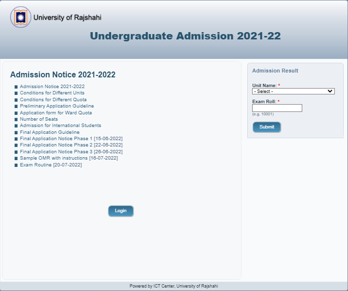 RU Admission Result Login
