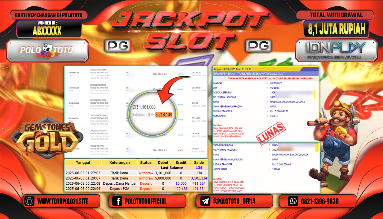 POLOTOTO JACKPOT SLOT GEMSTONES GOLD Rp.8.101.000,-