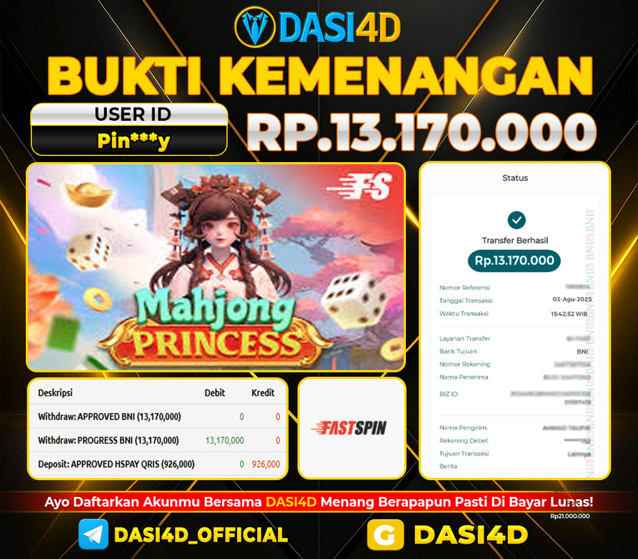 BUKTI KEMENANGAN 03 AGUSTUS DI MAHJONG PRINCESS WD 13.170.000 