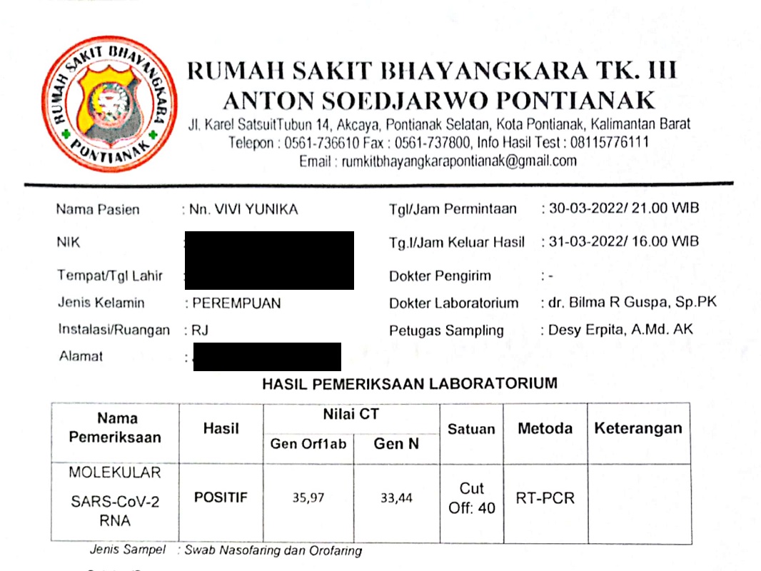 hasil swab pcr 30 maret 2022