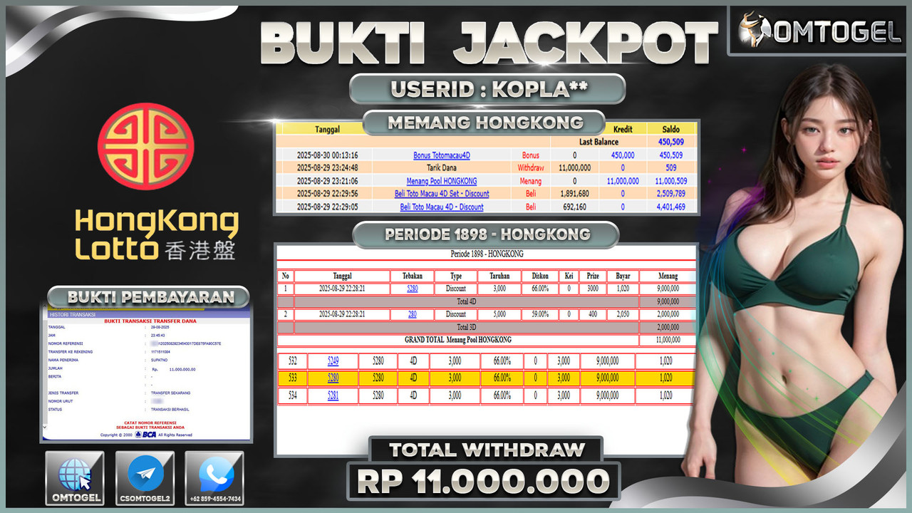 OMTOGEL JACKPOT HONGKONG 4D 3D 11 JUTA DI BAYAR LUNAS ,-