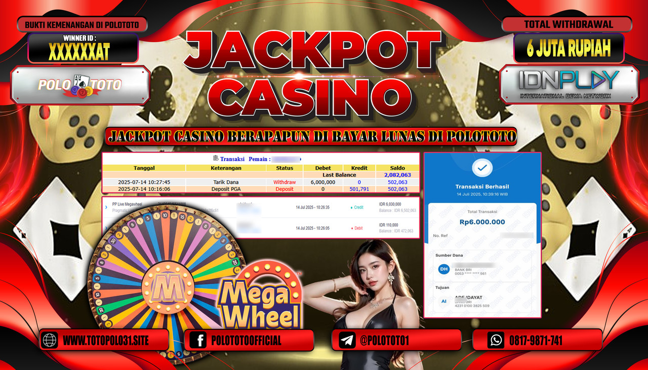 POLOTOTO JACKPOT CASINO PP LIVE MEGAWHEEL Rp.6.000.000,- LUNAS