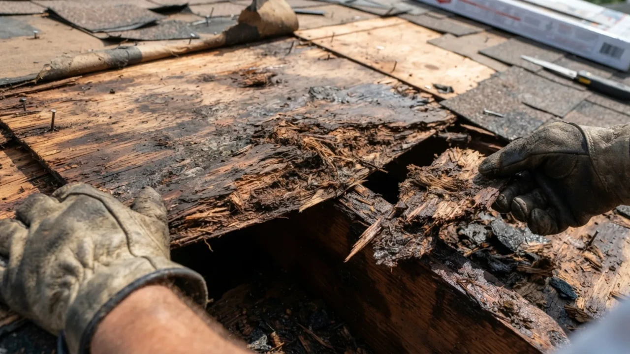 Roof decking damage soft spots water damage signs requiring professional contractor San Antonio