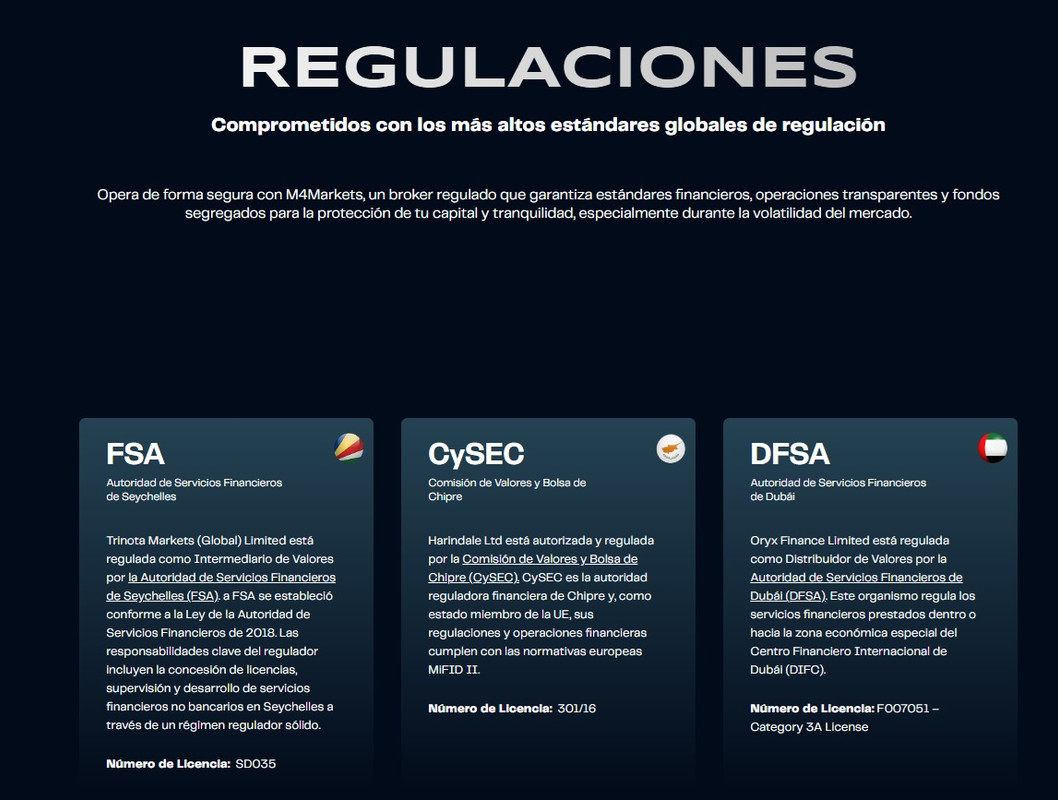 Resumen de las licencias de M4Markets: FSA de Seychelles, CySEC de Chipre y DFSA de Dubái.
