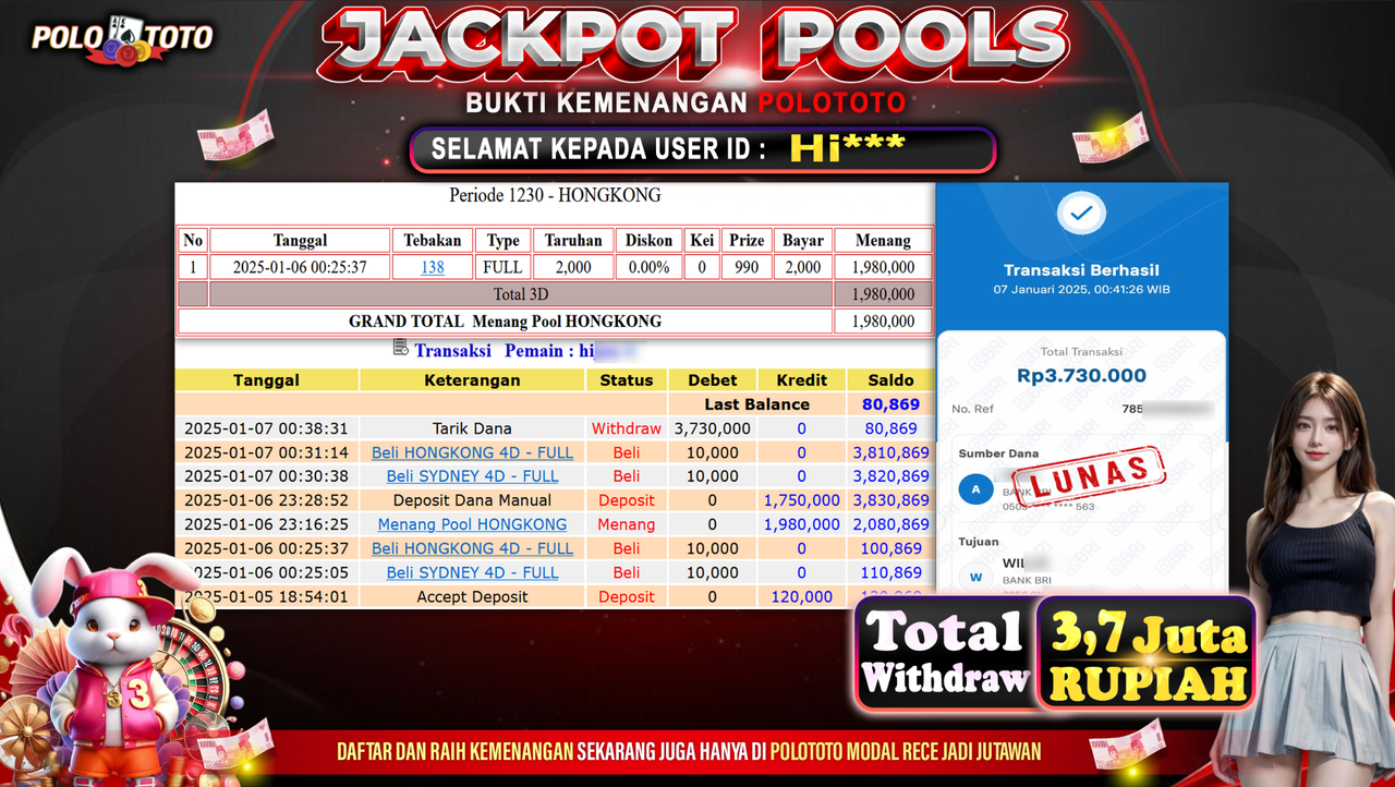 POLOTOTO JACKPOT TOGEL PASARAN HONGKONG Rp.3,730.000,-
