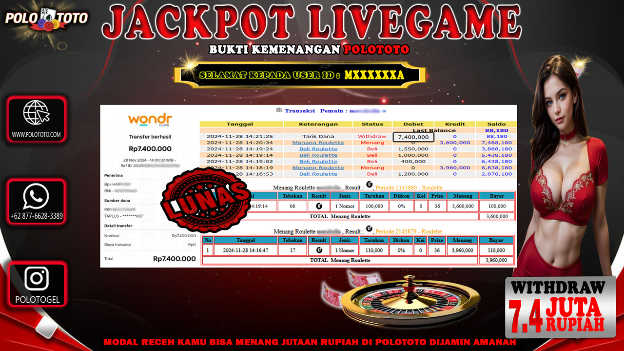 POLOTOTO JACKPOT LIVEGAME ROULLETE Rp.7,400.000,-