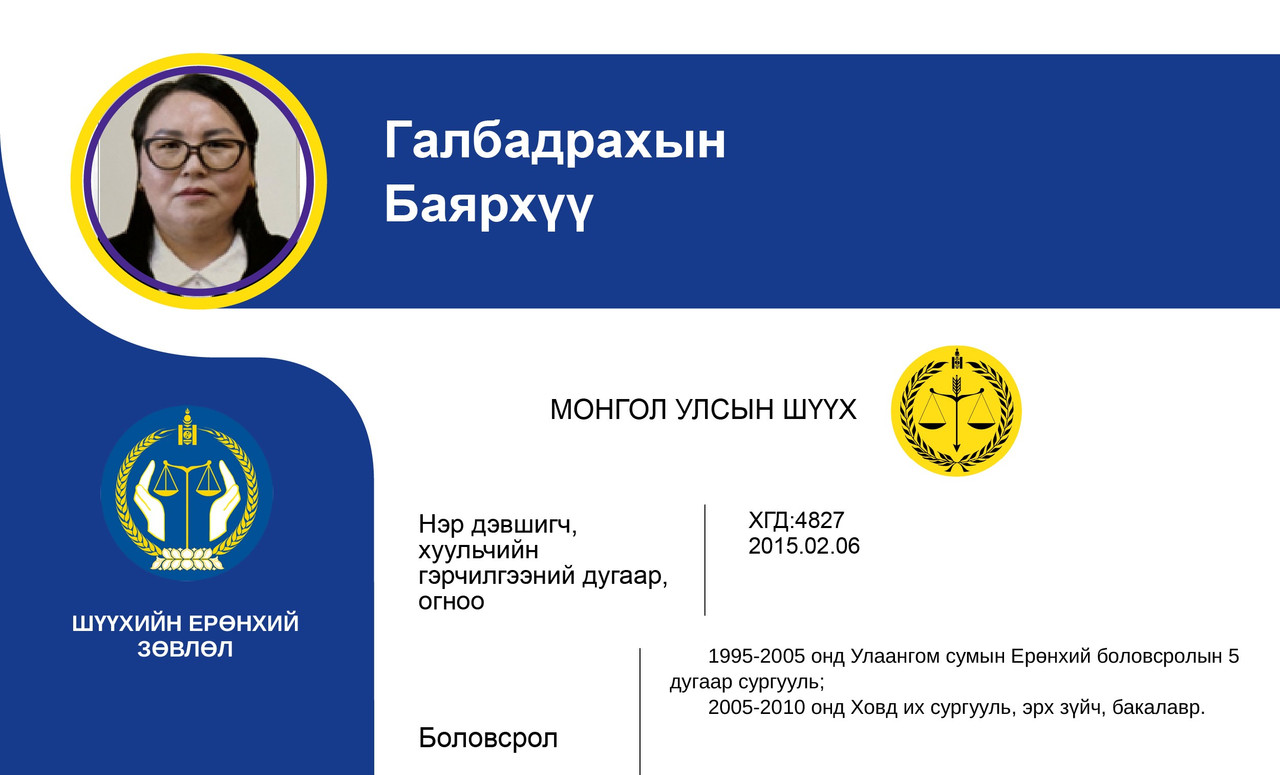 Эрүү, Иргэний хэргийг харьяалан шийдвэрлэх анхан шатны шүүхийн шүүгчид нэр дэвшигч Г.Баярхүүгийн мэргэжлийн үйл ажиллагааны танилцуулга