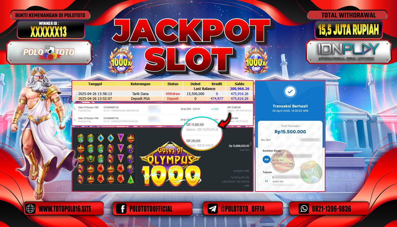 POLOTOTO JACKPOT SLOT GATES OF OLYMPUS 1000 Rp.15.500.000,-