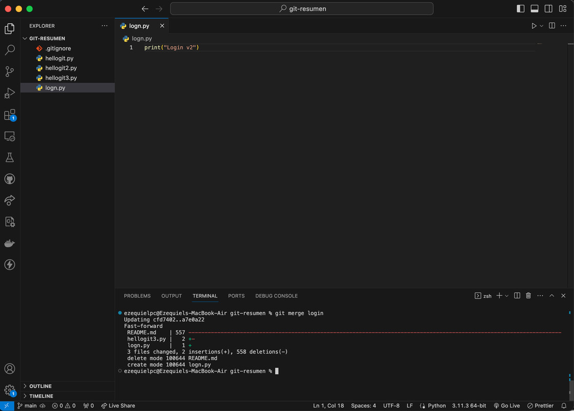 Mergeo rama login en rama main Reintregacion Ramas en Git