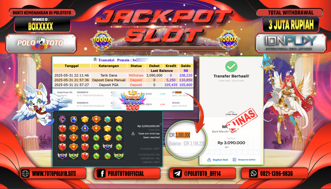 POLOTOTO JACKPOT SLOT STARLIGHT PRINCESS 1000 Rp.3.090.000,-