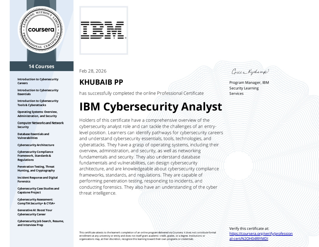 IBM Cybersecurity Analyst Professional Certificate certificate thumbnail