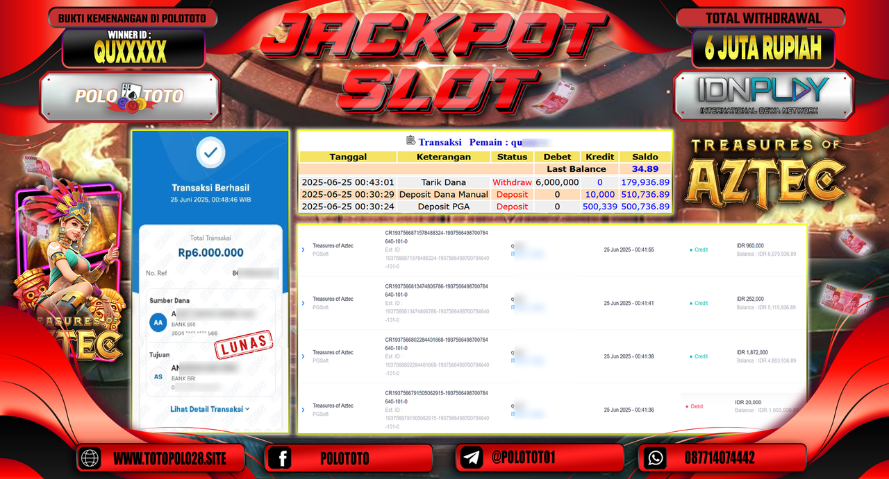 POLOTOTO JACKPOT SLOT TREASURES OF AZTEC Rp.6.000.000,-