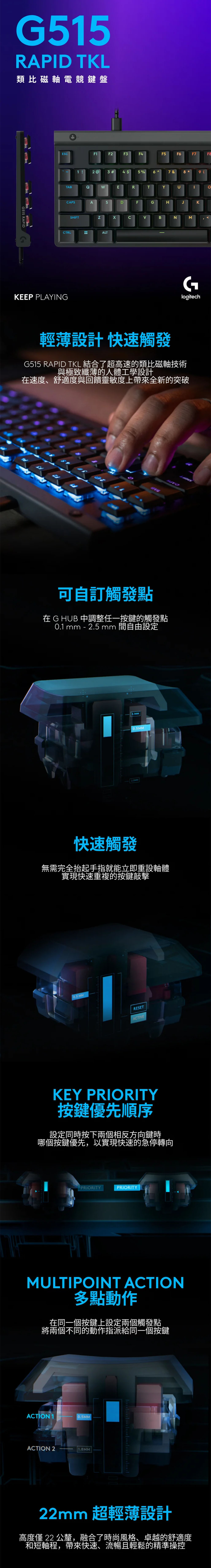 G515RAPD TKL類比磁軸電競鍵盤G515 RAPIDEF1F2F3F4F5F6F7F81 !2@3#4 5%67 &9 TABQWERTYUICAPSASCTRLKEEP PLAYINGDFGHJKSHIFTCBNMALTlogitech輕薄設計 快速觸發G515 RAPID TKL 結合了超高速的類比磁軸技術與極致纖薄的人體工學設計在速度、舒適度與回饋靈敏度上帶來全新的突破可自訂觸發點在 G HUB 中調整任一按鍵的觸發點0.1 mm - 2.5 mm 間自由設定0.5MM快速觸發無需完全抬起手指就能立即重設軸體實現快速重複的按鍵敲擊10.5MMRESETACTIVEKEY PRIORITY按鍵優先順序設定同時按下兩個相反方向鍵時哪個按鍵優先,以實現快速的急停轉向PRIORITYPRIORITYMULTIPOINT ACTION多點動作在同一個按鍵上設定兩個觸發點將兩個不同的動作指派給同一個按鍵ACTION 10.5MMACTION 222mm 超輕薄設計高度僅22 公釐,融合了時尚風格、卓越的舒適度和短軸程,帶來快速、流暢且輕鬆的精準操控