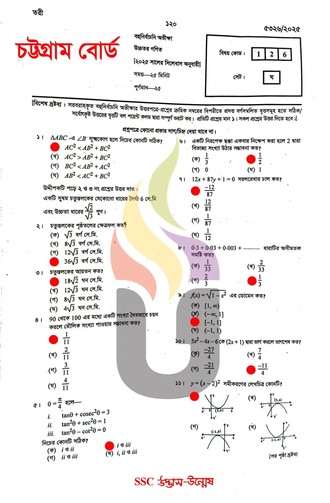 Higher Math MCQ Question With Answers 2025 Chittagong Board SSC 2025