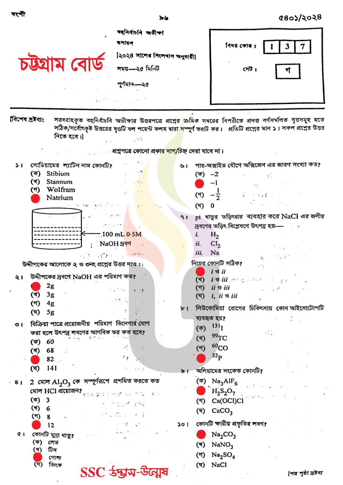 চট্টগ্রাম বোর্ড এসএসসি রসায়ন প্রশ্ন সমাধান ২০২৪