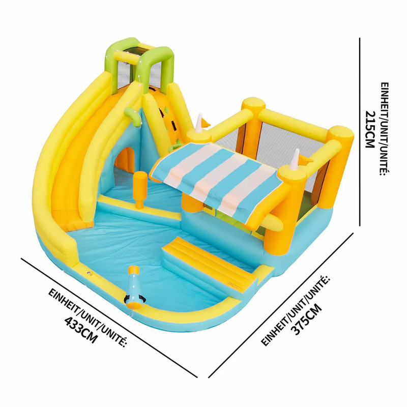 Château Gonflable Aquatique Géant 433x375x165 Cm – Toboggan, Piscine, Pistolets à Eau, Basket, Trampoline, Escalade – Avec Gonfleur 450W – Pour 3-10 Ans, Max 4 Enfants