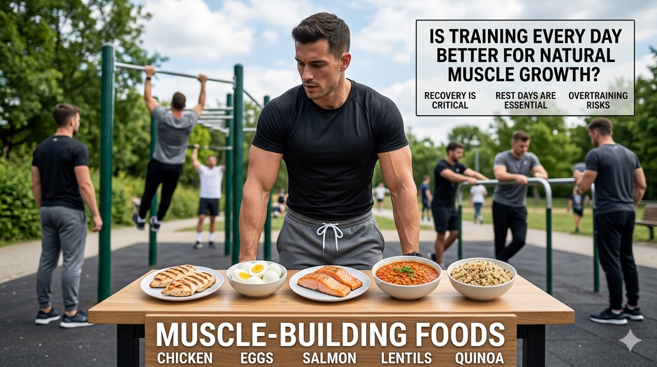Assortment of muscle-building foods including chicken, eggs, salmon, lentils, and quinoa for is training every day better for natural muscle growth