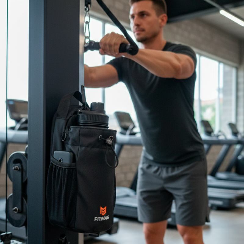 Persona entrenando concentrada con bolso FitMag adherido