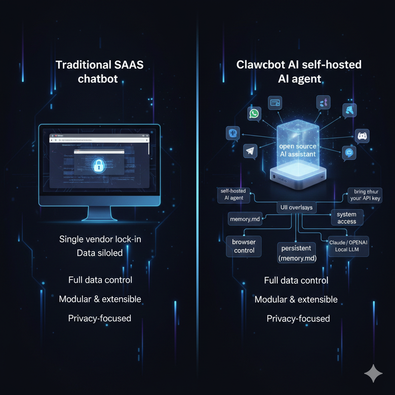 Comparison table: Traditional SaaS Chatbot vs Clawdbot AI Self-Hosted Agent