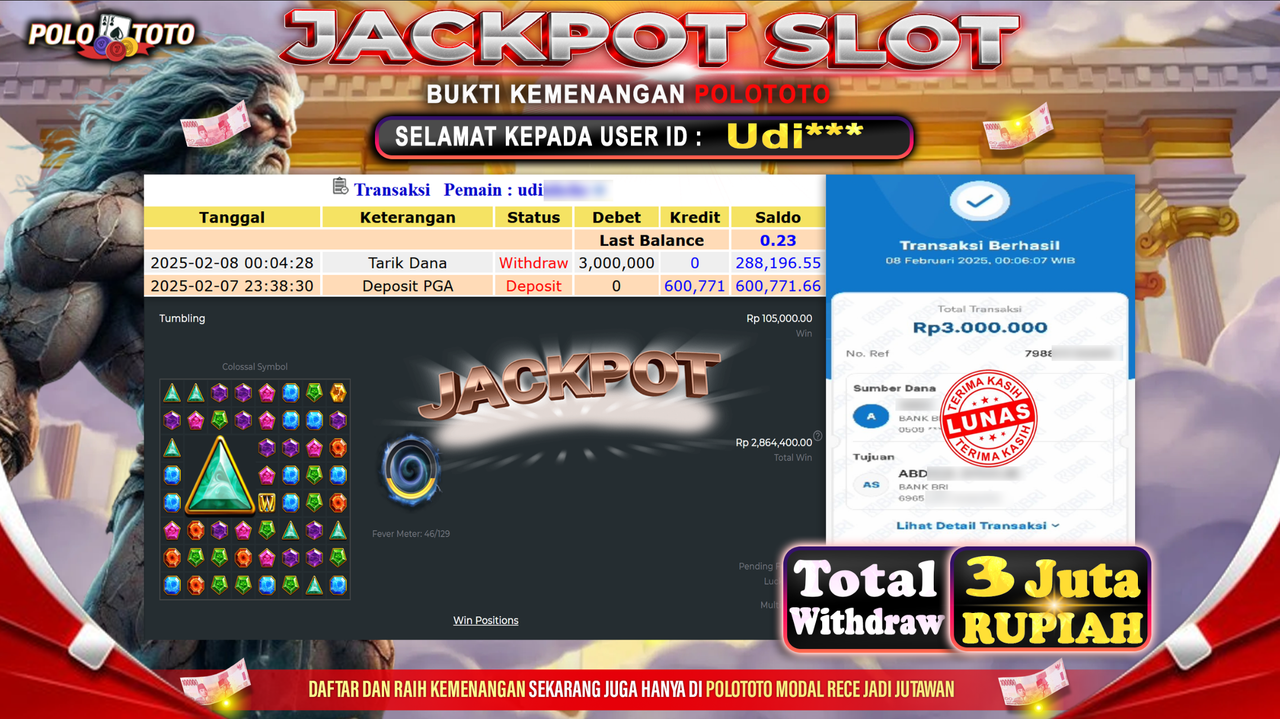 POLOTOTO JACKPOT SLOT WILDMAN SUPER BONANZA Rp.3,000.000,-