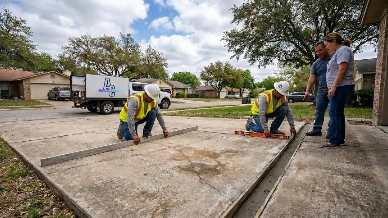 Concrete patio resurfacing in San Antonio TX showing decorative overlay being applied over an existing sound slab to refresh a worn or faded finish