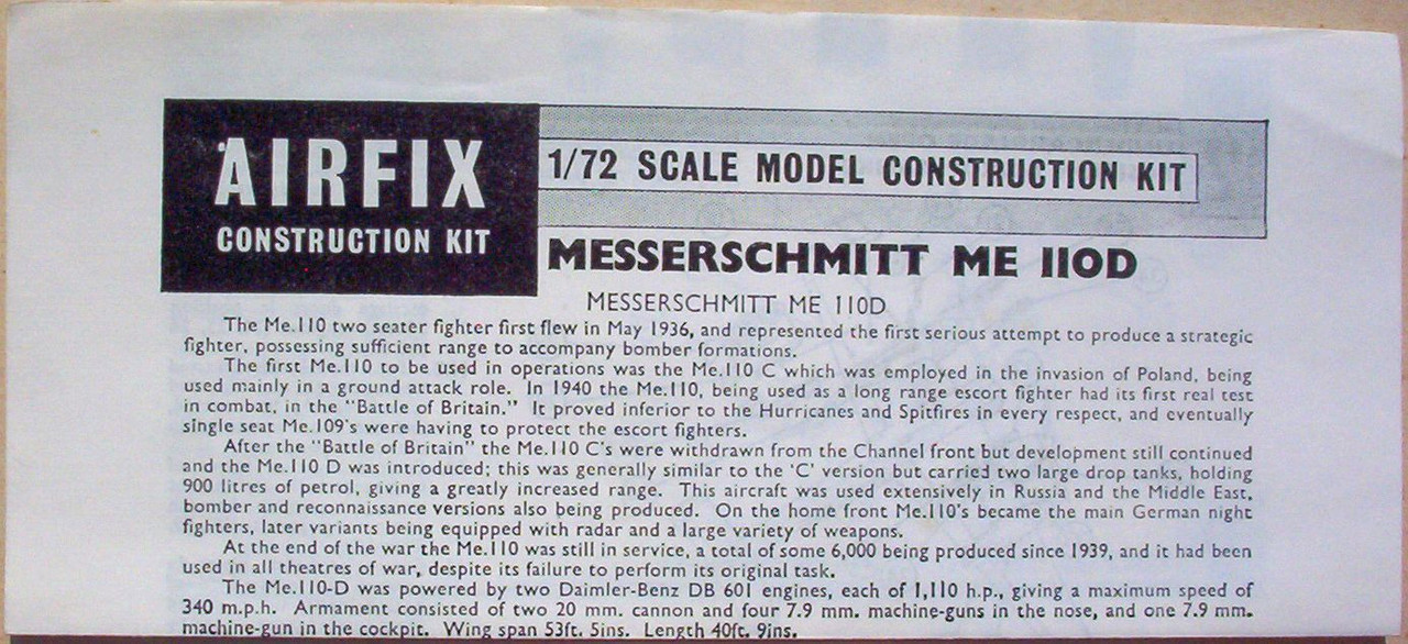 Airfix 72 286 Messerschmitt Me 110D Instructions