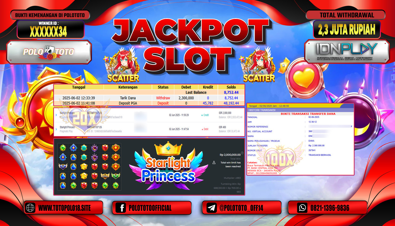 POLOTOTO JACKPOT SLOT STARLIGHT PRINCESS Rp.2.300.000,-