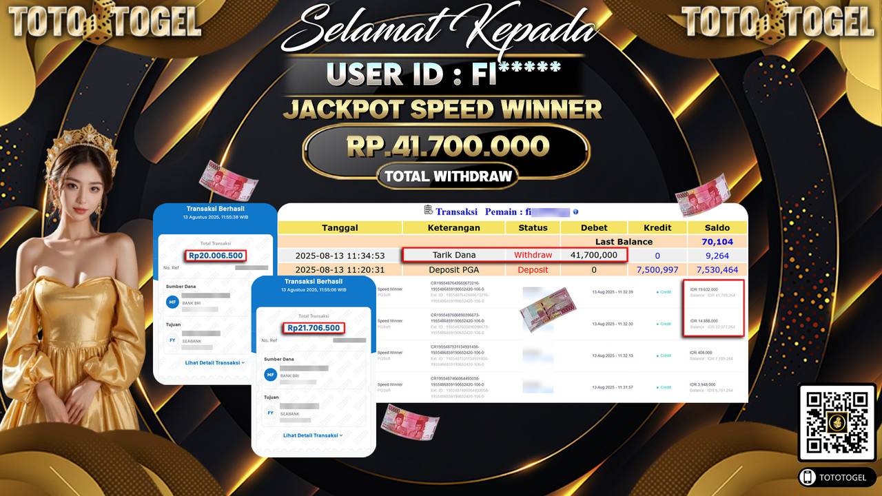 Bukti Pembayaran Jackpot Permainan Slot Speed Winner ID:FI***** LUNAS