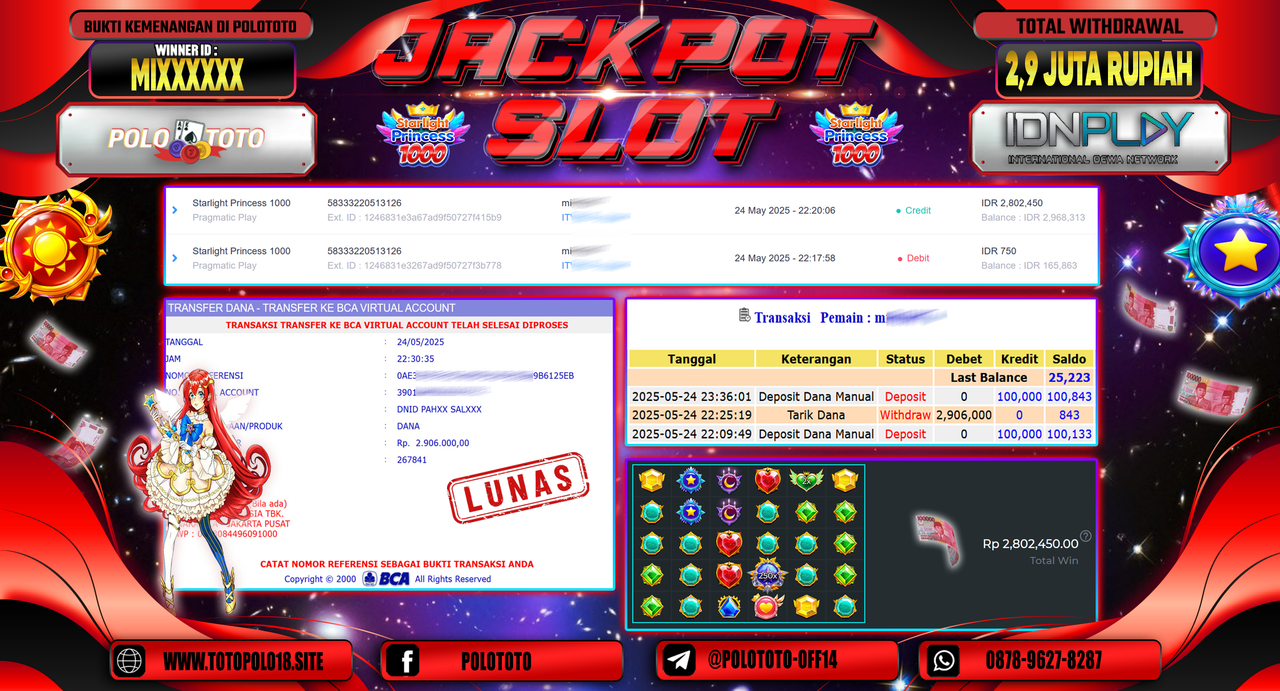 POLOTOTO JACKPOT SLOT STARLIGHT PRINCESS 1000 Rp.2.906.000,-