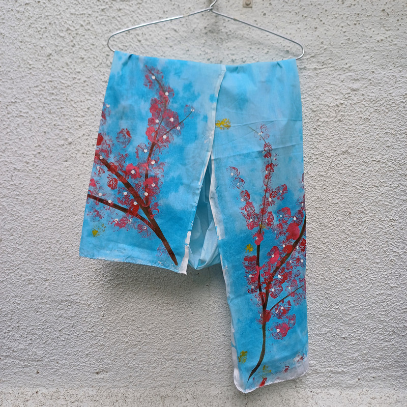 Cherry Bloom Blue Fabric Painted Cotton Stole