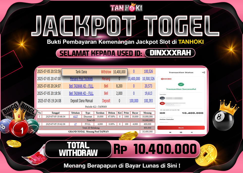 TANHOKI JACKPOT TOGEL TAIWAN Rp.10.400.000,- LUNAS