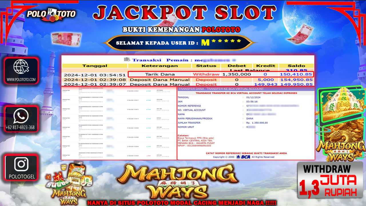 POLOTOTO JACKPOT SLOT MAHJONG WAYS Rp.1,350.000,-