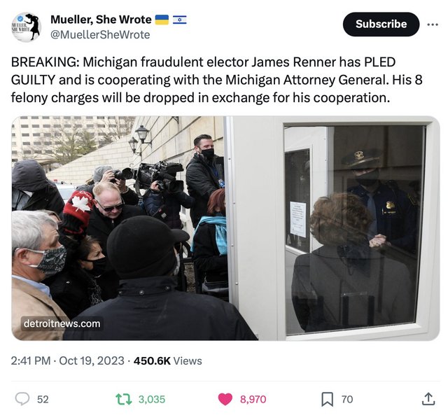 Michigan fraudulent elector James Renner has PLED GUILTY & cooperating ...