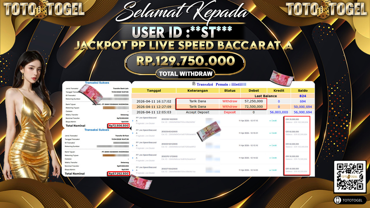 Bukti Pembayaran Jackpot Permainan Pragmatic Live PP Live Speed Baccarat A ID:**ST***LUNAS