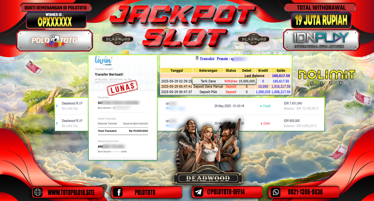 POLOTOTO JACKPOT SLOT DEADWOOD R.I.P Rp.19.000.000,-
