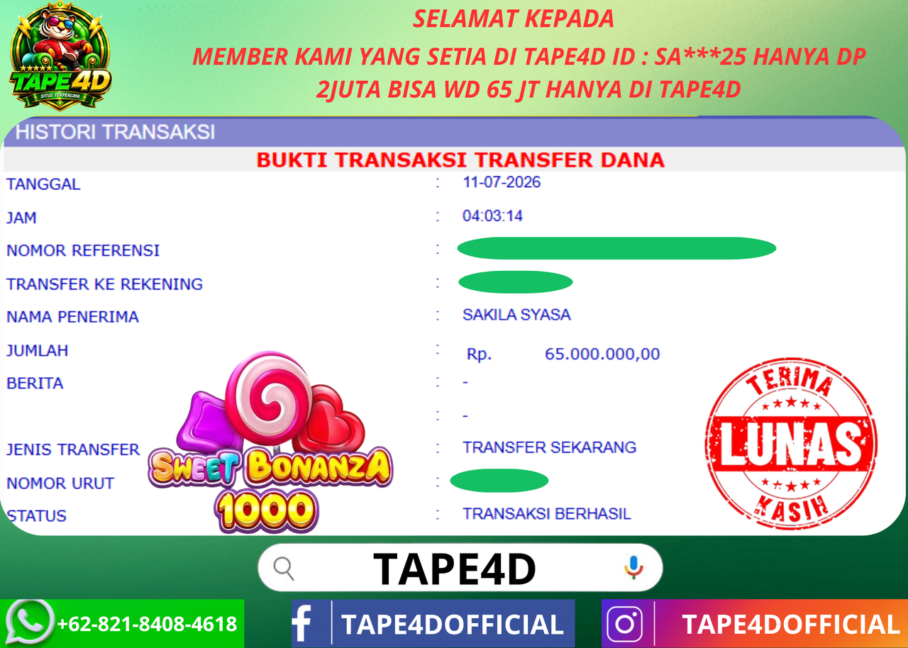 TAPE4D SWEET BONANZA 1000 PRAMATIC 65.000.000-LUNAS