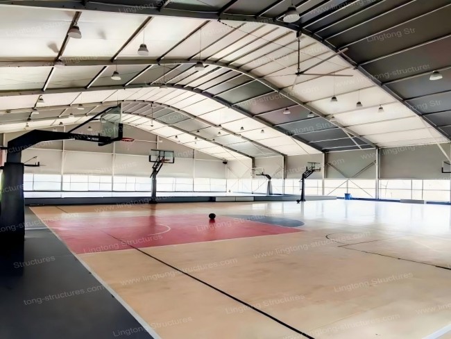 Basketball training facility tent with modular aluminum frame and weatherproof cover