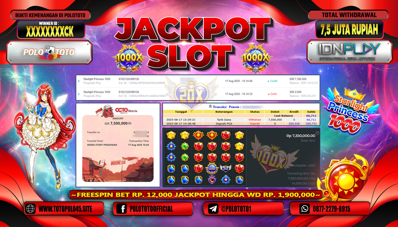 POLOTOTO JACKPOT SLOT STARLIGHT PRINCESS 1000 Rp.7.500.000,- LUNAS
