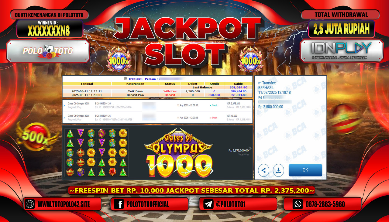 POLOTOTO JACKPOT SLOT GATES OF OLYMPUS 1000 Rp.2.500.000,-LUNAS