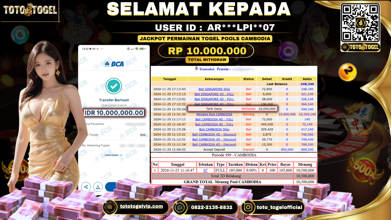 Bukti Pembayaran Jackpot Permainan Togel Pools Cambodia  ID: AR***LPI**07 LUNAS 