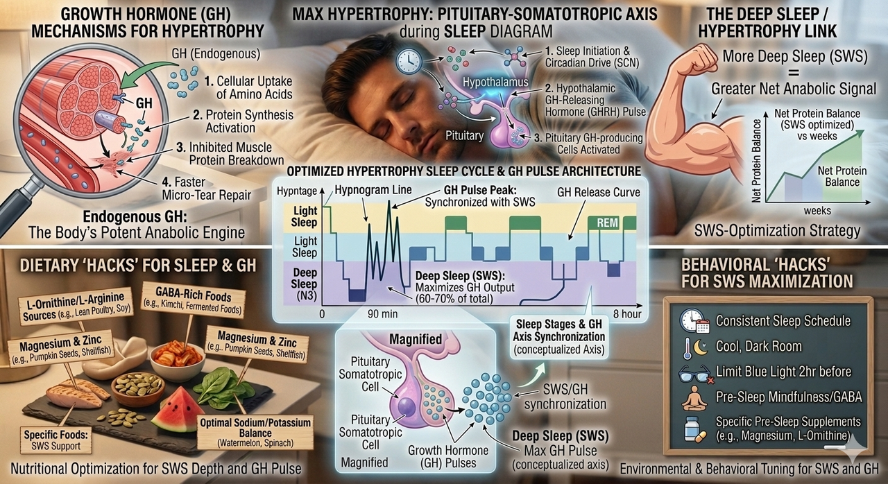Neural circuit diagram showing growth hormone release during sleep for best natural sleep hacks for maximum hypertrophy