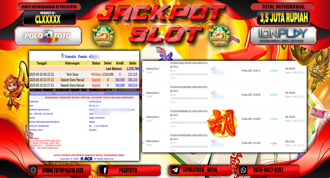 POLOTOTO JACKPOT SLOT MAHJONG WAYS 2 Rp.3.510.000,-