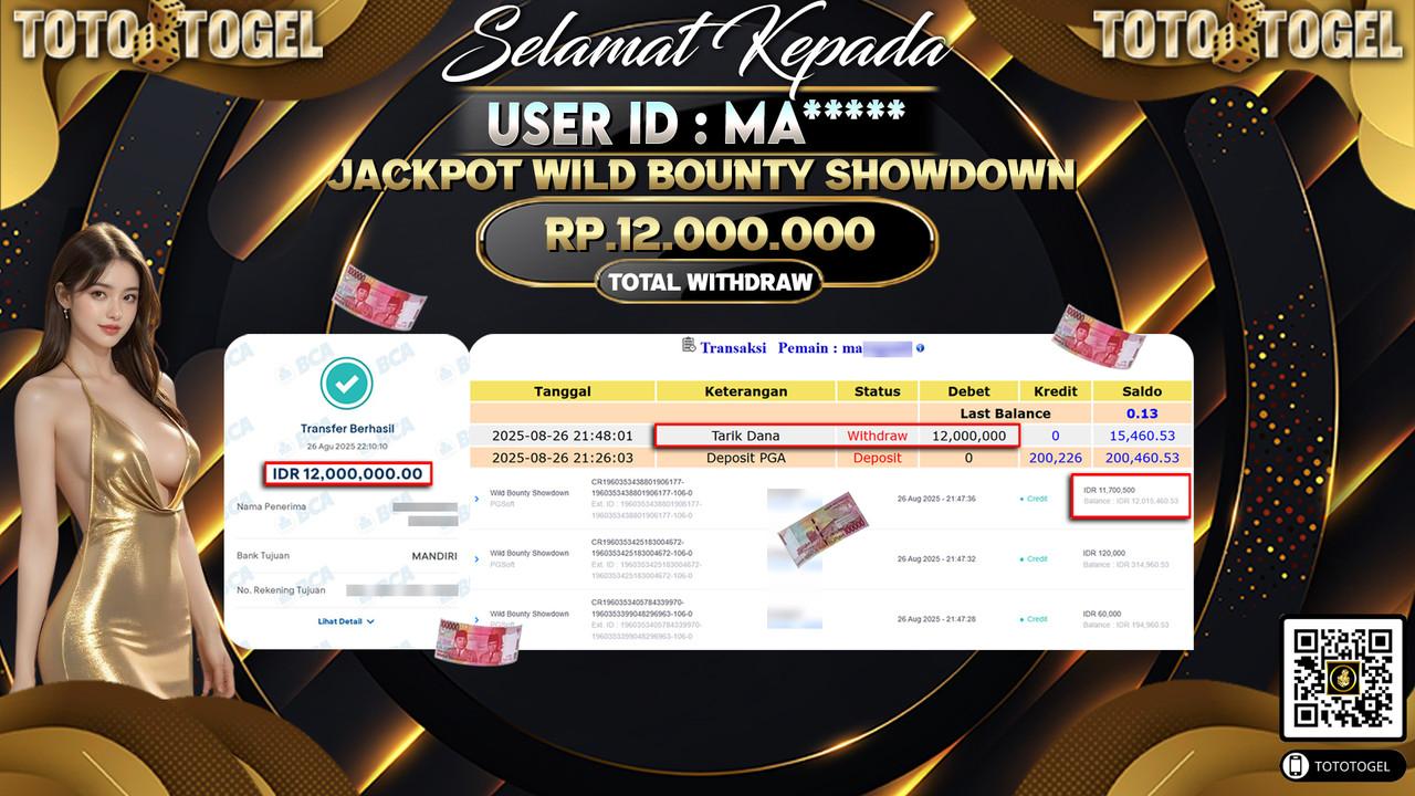 Bukti Pembayaran Jackpot Permainan Slot Wild Bounty Showdown ID:MA***** LUNAS