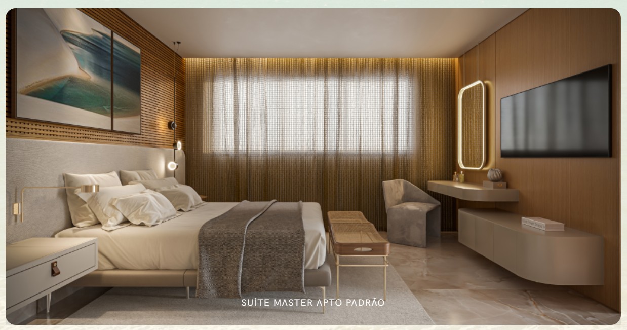 Suíte master com acabamento alto padrão e vista para o mar do Casa Mar