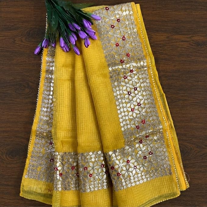 Women's Designer Kota Doriya Gota Patti Saree with Aari Embroidery & Unstitched Blouse Piece