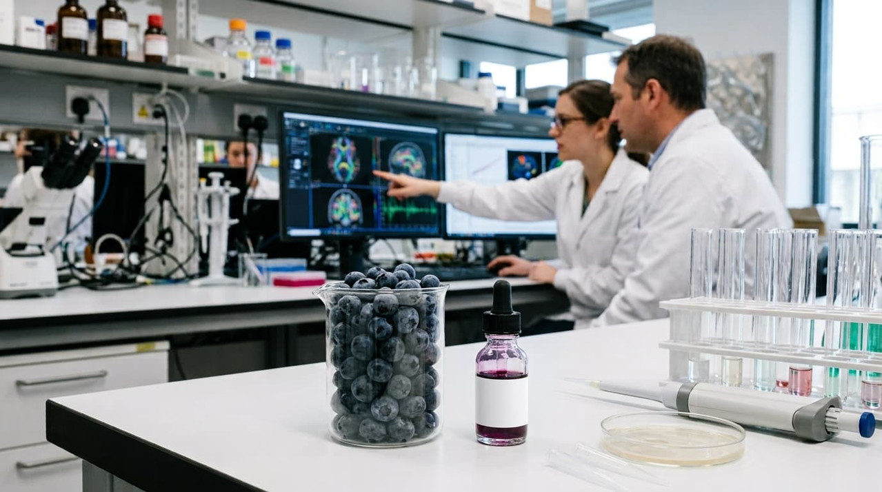 Scientists analyzing blueberry compounds in neuroscience laboratory