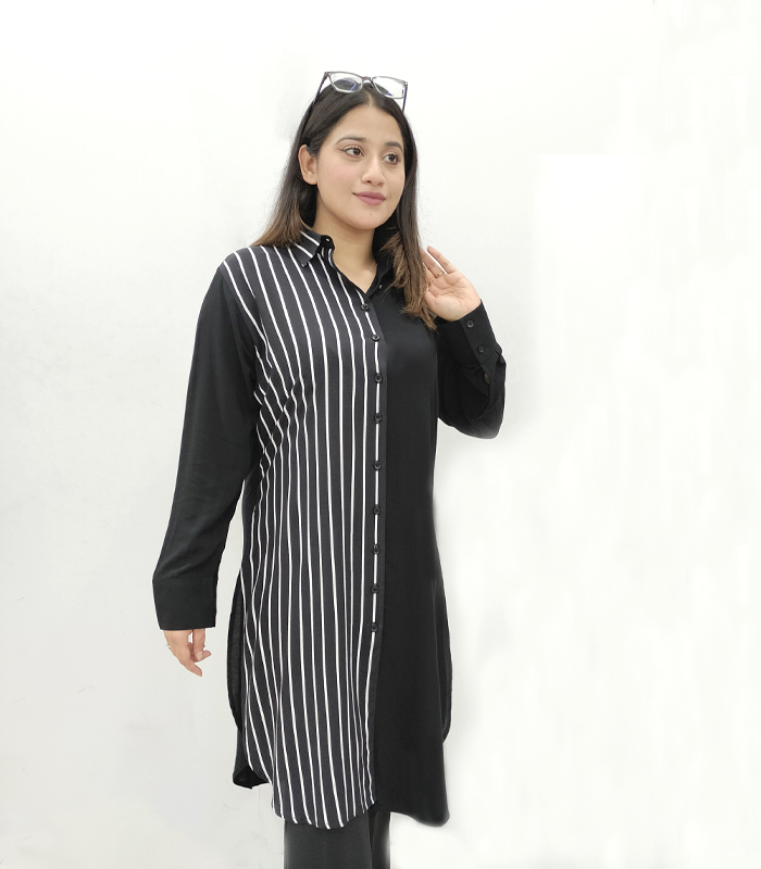 Band Collar Exclusive Feme Kurti :  Black White CK