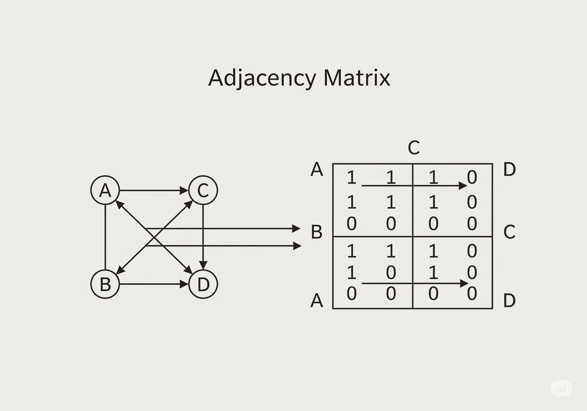 A visual comparison of a simple undirected graph and its Adjacency Matrix.