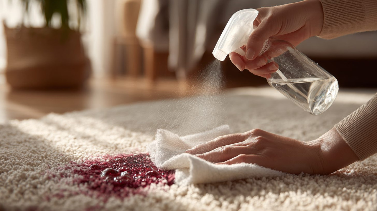 Процесс удаления водорастворимого пятна с ковра уксусом