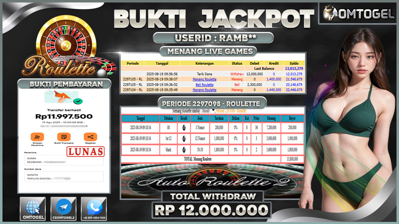 OMTOGEL JACKPOT LIVE GAMES ROULETTE 12 JUTA DI BAYAR LUNAS ,-